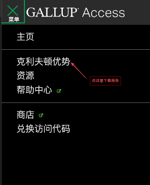 Gallup Access 菜单中的克利夫顿优势入口