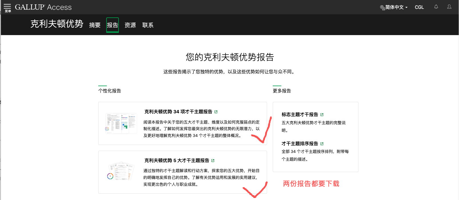 Gallup Access 报告页面中的两份个性化报告